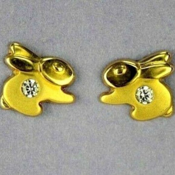 Solid 14k Yellow Gold Rabbit Screw Back Stud Earring with Sparkling White Stone - Picture 1 of 2